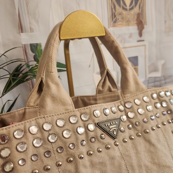 COA! Prada Canapé 2 Way Tote with crossbody strap-Grey with jewels and studs. - Picture 6 of 16
